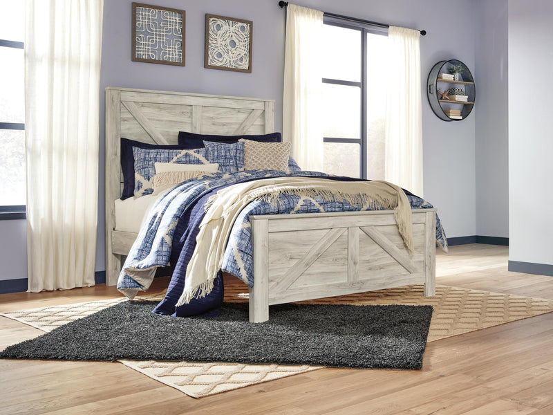 Bellaby Queen Crossbuck Panel Bed with Mirrored Dresser and Chest in Whitewash - PKG004727