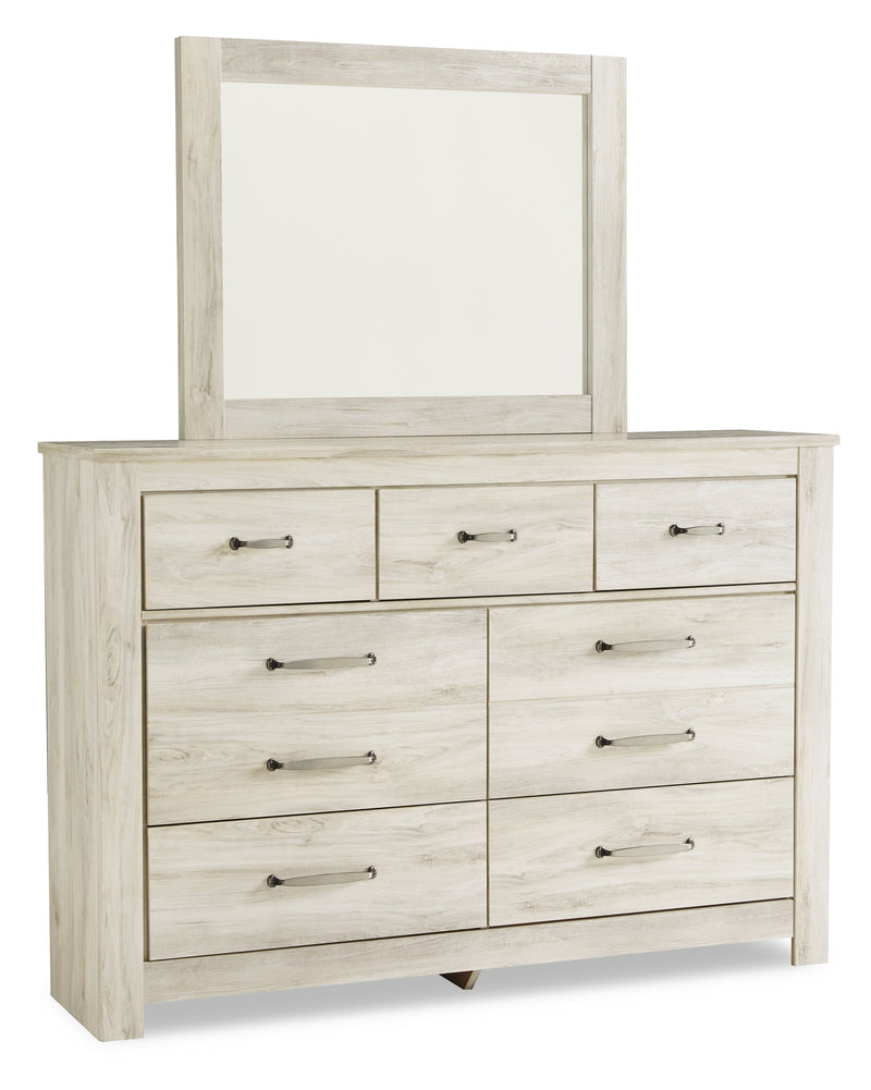 Bellaby Queen Crossbuck Panel Bed with Mirrored Dresser, Chest and 2 Nightstands in Whitewash - PKG004729