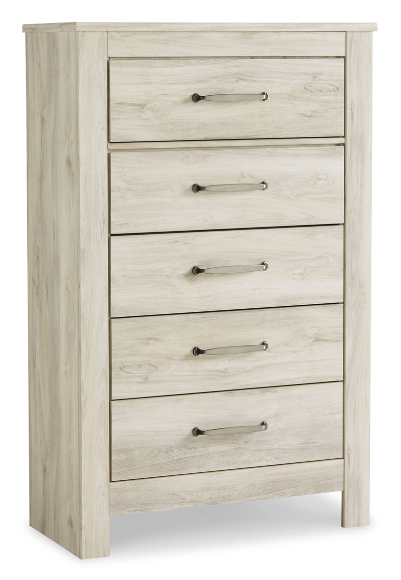 Bellaby Queen Crossbuck Panel Bed with Mirrored Dresser, Chest and 2 Nightstands in Whitewash - PKG004729