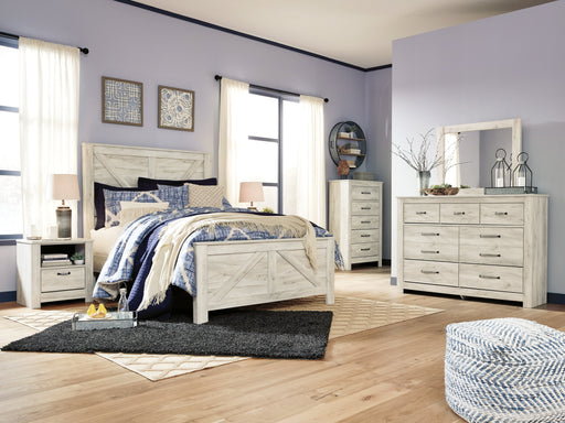 Bellaby Queen Crossbuck Panel Bed with Mirrored Dresser, Chest and Nightstand in Whitewash from Ashley - Luna Furniture