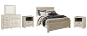 Bellaby Queen Panel Bed with Mirrored Dresser and 2 Nightstands in Whitewash - PKG004710