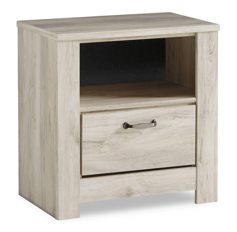 Bellaby Queen Panel Bed with Mirrored Dresser and 2 Nightstands in Whitewash - PKG004710