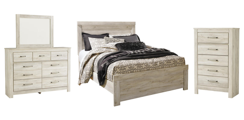 Bellaby Queen Panel Bed with Mirrored Dresser and Chest in Whitewash - PKG004712