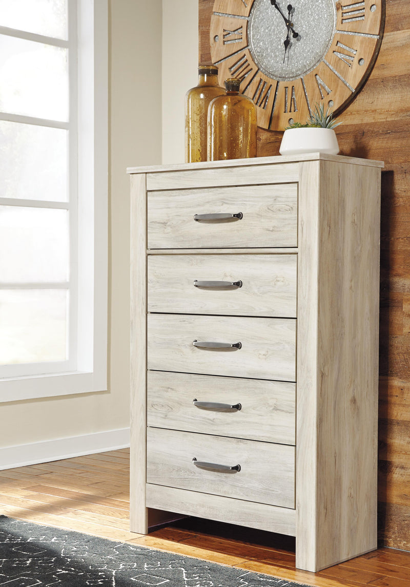 Bellaby Queen Panel Bed with Mirrored Dresser and Chest in Whitewash - PKG004712