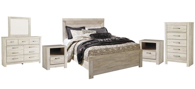 Bellaby Queen Panel Bed with Mirrored Dresser, Chest and 2 Nightstands in Whitewash - PKG004716