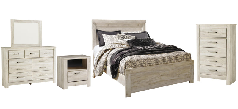 Bellaby Queen Panel Bed with Mirrored Dresser, Chest and Nightstand in Whitewash - PKG004714