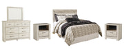 Bellaby Queen Panel Headboard Bed with Mirrored Dresser and 2 Nightstands in Whitewash - PKG004638