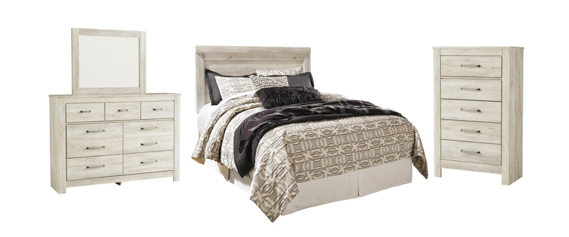 Bellaby Queen Panel Headboard Bed with Mirrored Dresser and Chest in Whitewash - PKG004640