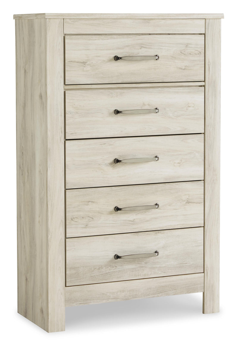 Bellaby Queen Panel Headboard Bed with Mirrored Dresser and Chest in Whitewash - PKG004640