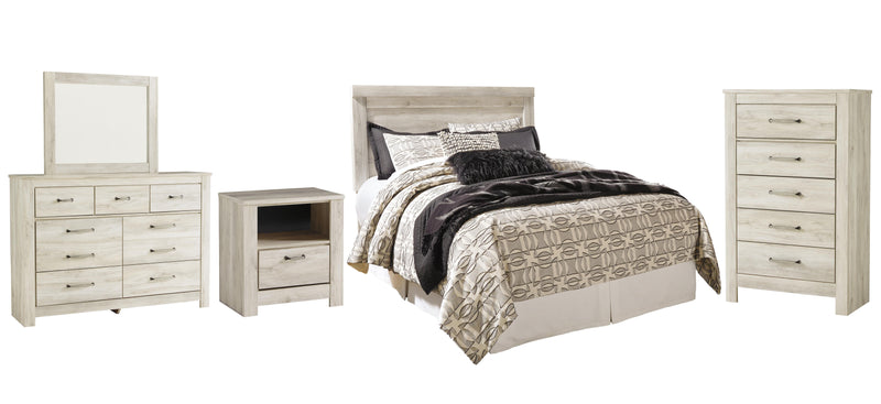 Bellaby Queen Panel Headboard Bed with Mirrored Dresser, Chest and Nightstand in Whitewash - PKG004642