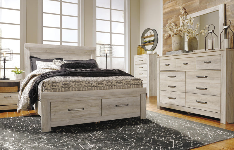 Bellaby Queen Panel Headboard Bed with Mirrored Dresser, Chest and Nightstand in Whitewash - PKG004642