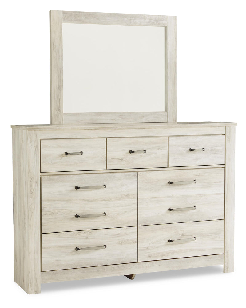 Bellaby Queen Panel Headboard Bed with Mirrored Dresser in Whitewash - PKG004635