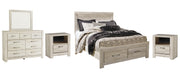 Bellaby Queen Platform Bed with 2 Storage Drawers with Mirrored Dresser and 2 Nightstands in Whitewash - PKG004720
