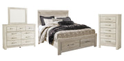 Bellaby Queen Platform Bed with 2 Storage Drawers with Mirrored Dresser and Chest in Whitewash - PKG004721