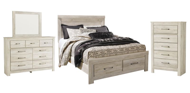 Bellaby Queen Platform Bed with 2 Storage Drawers with Mirrored Dresser and Chest in Whitewash - PKG004721