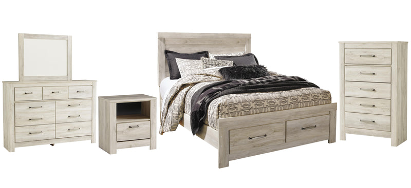 Bellaby Queen Platform Bed with 2 Storage Drawers with Mirrored Dresser, Chest and Nightstand in Whitewash - PKG004722