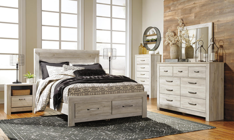Bellaby Queen Platform Bed with 2 Storage Drawers with Mirrored Dresser, Chest and Nightstand in Whitewash - PKG004722