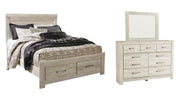 Bellaby Queen Platform Bed with 2 Storage Drawers with Mirrored Dresser in Whitewash - PKG004719