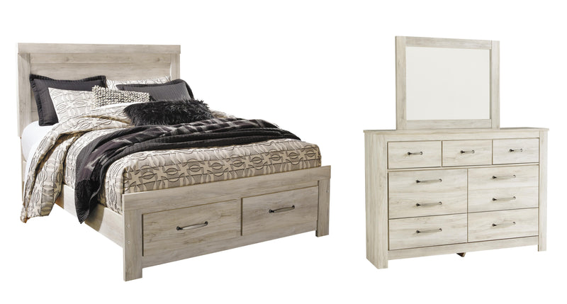 Bellaby Queen Platform Bed with 2 Storage Drawers with Mirrored Dresser in Whitewash - PKG004719