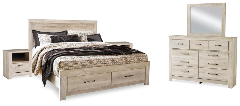Bellaby Whitewash King Panel Storage Bed, Dresser, Mirror and 2 Nightstands - B331B19