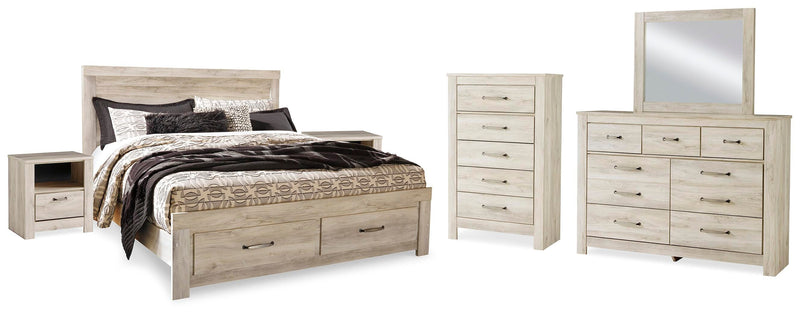 Bellaby Whitewash King Storage Bed, Dresser, Mirror, Chest and 2 Nightstands - B331B20