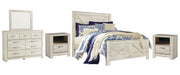 Bellaby Whitewash Queen Crossbuck Panel Bed, Dresser, Mirror and 2 Nightstands - B331B13