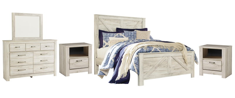Bellaby Whitewash Queen Crossbuck Panel Bed, Dresser, Mirror and 2 Nightstands - B331B13