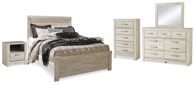 Bellaby Whitewash Queen Panel Bed, Dresser, Mirror, Chest and 2 Nightstands - B331B21