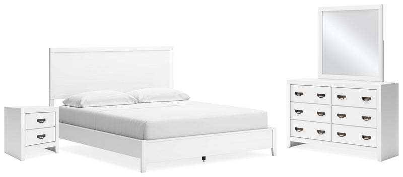 Binterglen California King Panel Bed with Mirrored Dresser and Nightstand in White - PKG016796
