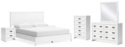 Binterglen California King Panel Bed with Mirrored Dresser, Chest and 2 Nightstands in White - PKG016795
