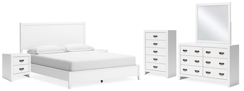 Binterglen California King Panel Bed with Mirrored Dresser, Chest and 2 Nightstands in White - PKG016795