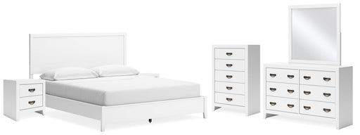 Binterglen California King Panel Bed with Mirrored Dresser, Chest and 2 Nightstands in White - PKG016795