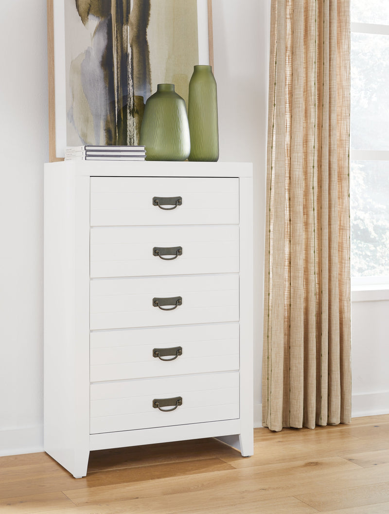 Binterglen Full Panel Bed with Mirrored Dresser and Chest in White - PKG016612