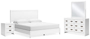 Binterglen King Panel Bed with Mirrored Dresser and Nightstand in White - PKG016712
