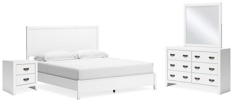 Binterglen King Panel Bed with Mirrored Dresser and Nightstand in White - PKG016712