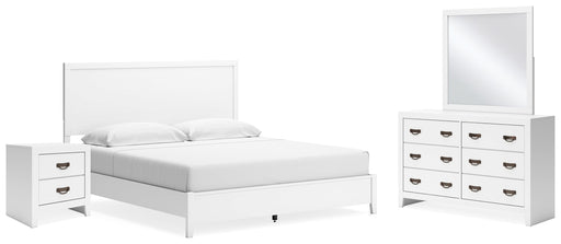 Binterglen King Panel Bed with Mirrored Dresser and Nightstand in White - PKG016712