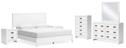 Binterglen King Panel Bed with Mirrored Dresser, Chest and 2 Nightstands in White - PKG016711