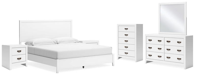Binterglen King Panel Bed with Mirrored Dresser, Chest and 2 Nightstands in White - PKG016711