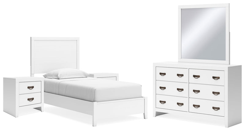 Binterglen Twin Panel Bed with Mirrored Dresser and 2 Nightstands in White - PKG016600