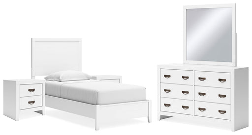 Binterglen Twin Panel Bed with Mirrored Dresser and 2 Nightstands in White - PKG016600