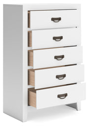 Binterglen Twin Panel Bed with Mirrored Dresser and Chest in White - PKG016603