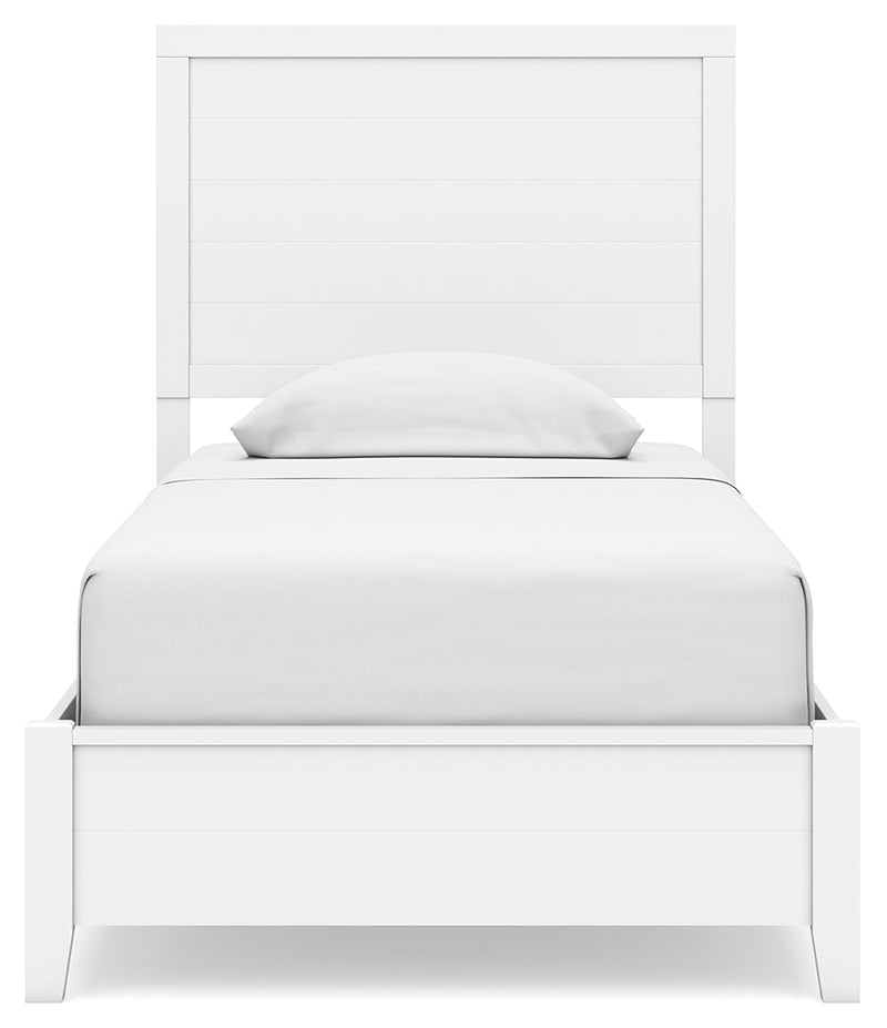 Binterglen Twin Panel Bed with Mirrored Dresser and Chest in White - PKG016603