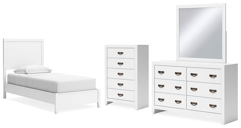 Binterglen Twin Panel Bed with Mirrored Dresser and Chest in White - PKG016603