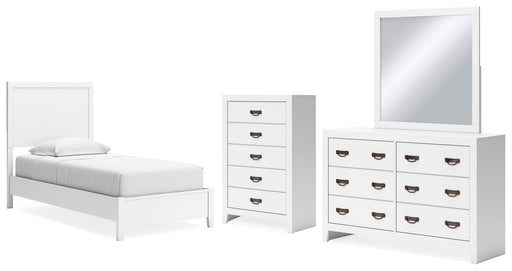 Binterglen Twin Panel Bed with Mirrored Dresser and Chest in White - PKG016603
