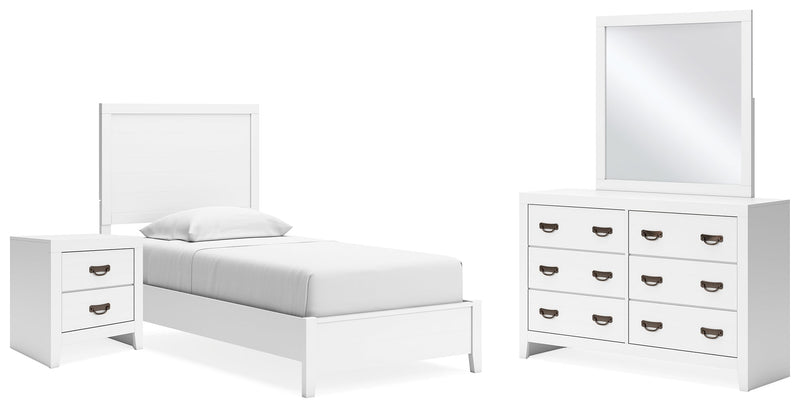 Binterglen Twin Panel Bed with Mirrored Dresser and Nightstand in White - PKG016602