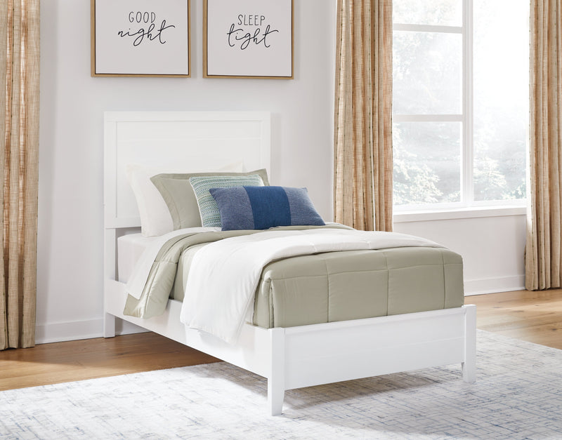 Binterglen Twin Panel Bed with Mirrored Dresser and Nightstand in White - PKG016602