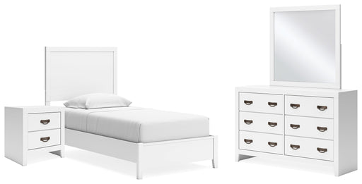 Binterglen Twin Panel Bed with Mirrored Dresser and Nightstand in White - PKG016602