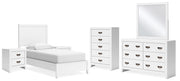 Binterglen Twin Panel Bed with Mirrored Dresser, Chest and 2 Nightstands in White - PKG016601