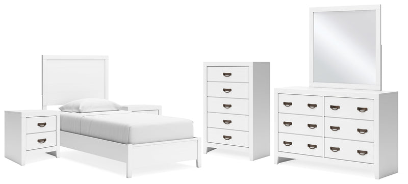 Binterglen Twin Panel Bed with Mirrored Dresser, Chest and 2 Nightstands in White - PKG016601