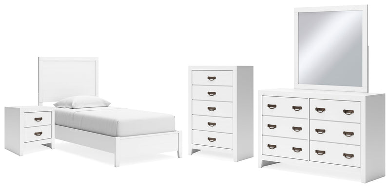 Binterglen Twin Panel Bed with Mirrored Dresser, Chest and Nightstand in White - PKG016604